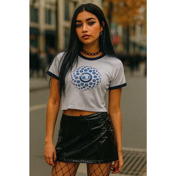 UNIF Ringer Logo Crop Tee Shirt Top 90s Y2K White Navy Blue Trim Size XL RARE - Picture 1 of 11